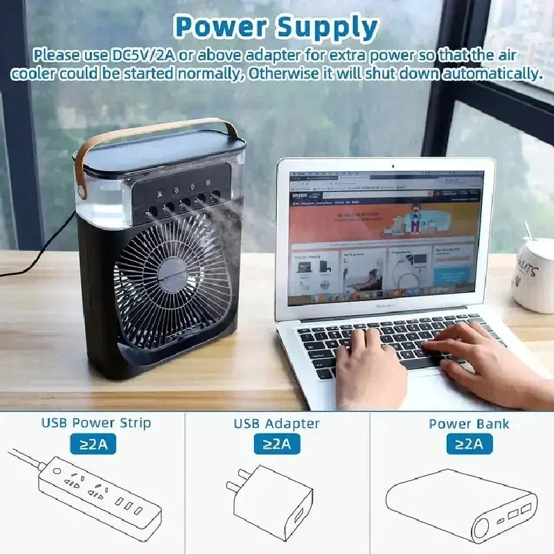 3in1 Portable Air Conditioner Fan, Mini  Air Cooler with 4 Colors LED Light, 4 to 5 Hours Time